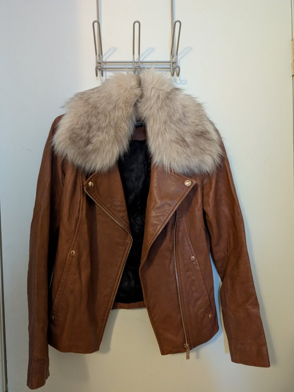Karl Lagerfeld Leather Jacket with Removable Faux Fur Collar Size XS